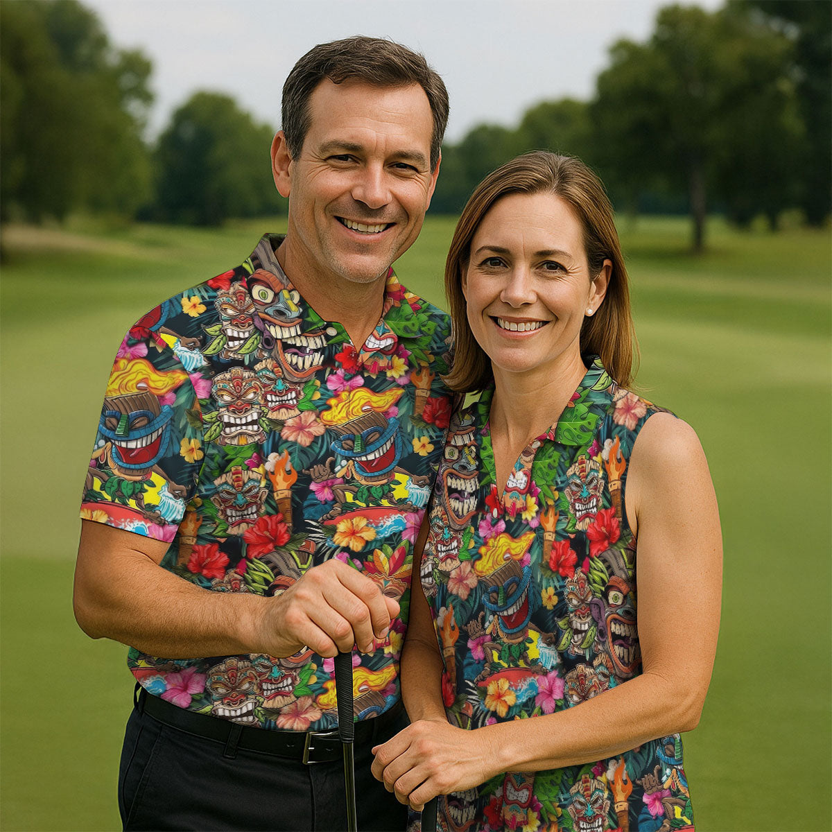 Hawaiian Tiki Tropical Floral Golf Shirts For Men, Polo ShirtFor Men, Golfing Apparel