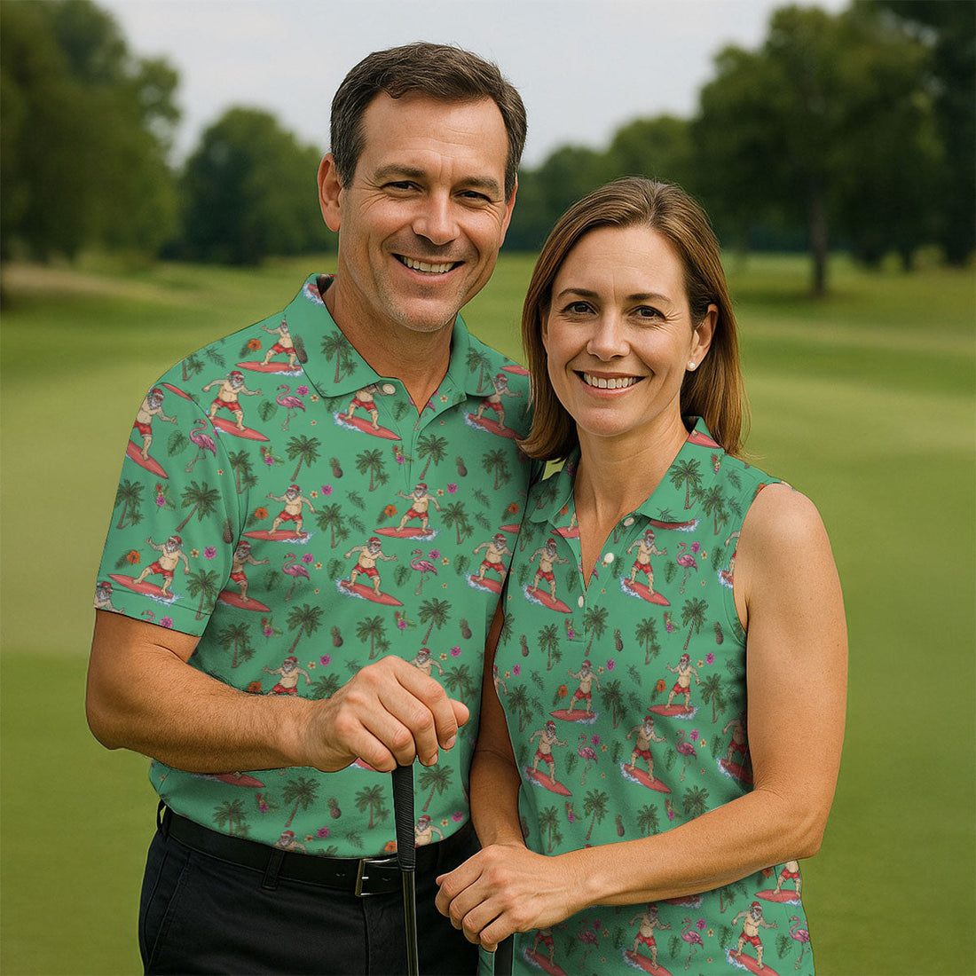 Santa Flamingo Tropical Golf Shirt, Christmas Golf Shirt, Golf Apparel For Men
