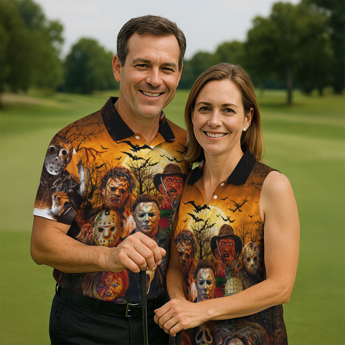 Halloween Horror Character Hawaiian Golf Shirt, Mens Golf Shirts, Golf Apparel For Men