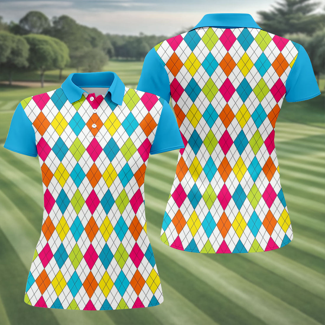 Retro Argyle Diamond Checkered Golf Shirt, Golf Polo For Women, Printed Golf Shirt