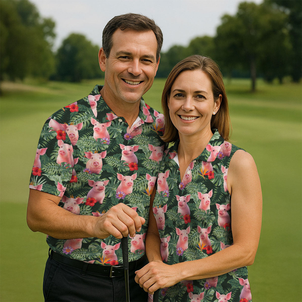 Cute Pig Tropical Monstera Hawaiian Golf Polo Shirt, Golf Shirts For Women, Women's Golf Apparel