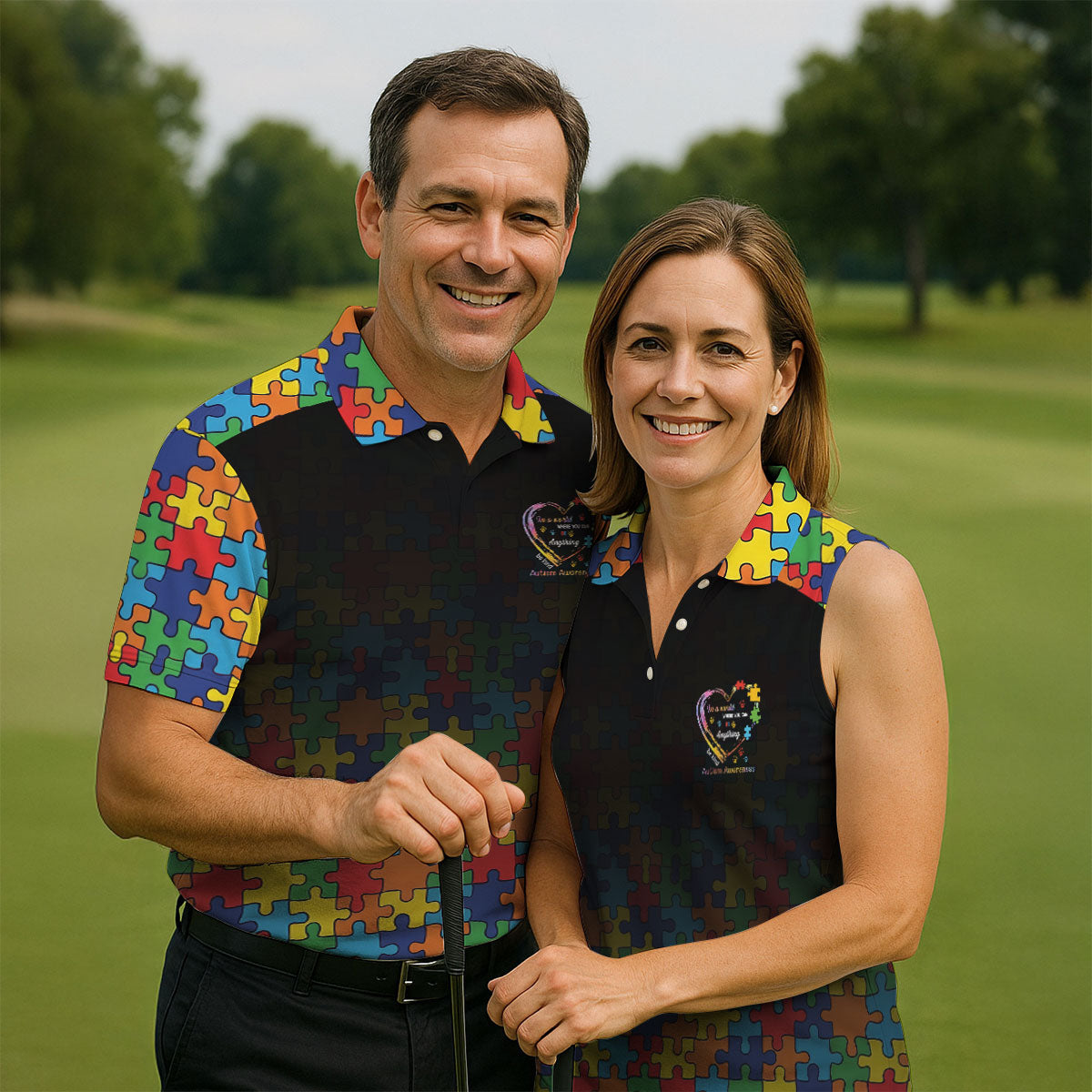 In A World Where You Can Be Anything Be Kind Autism Awareness Puzzle Pattern Black Fade Men's Golf Shirt