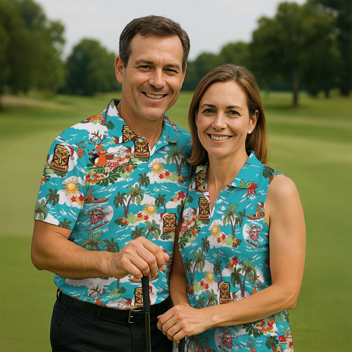 Men's Funny Surfing Santa Hawaiian Golf Shirt, Christmas Golf Shirt, Printed Golf Shirts