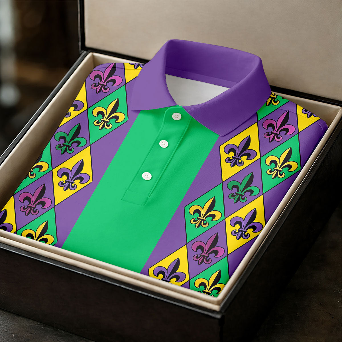 Purple Green Gold Fleur De Lis Argyle Pattern Mardi Gras Golf Shirt, Women's Golf Tops, Ladies Golf Shirt
