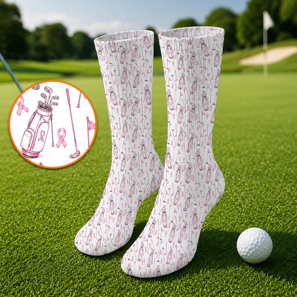 Breast Cancer Pattern Golf Sock, Pink Ribbon Golf Socks for Golf Lovers, Support Breast Cancer Awareness Gift