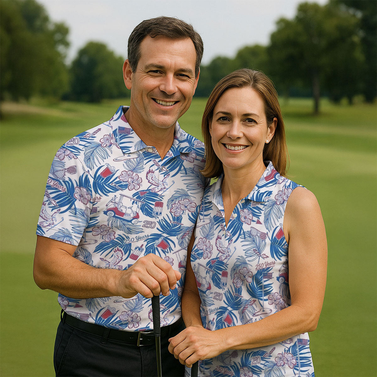 250 Years Red White Blue Tropical Floral Patriotic Golf Shirt, 4th Of July Golf Shirts For Men