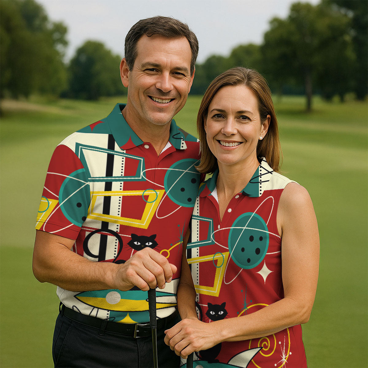 Geometric Abstraction Atomic Cat Hawaiian Golf Shirt, Retro Golf Shirt, Polo Shirtor Men