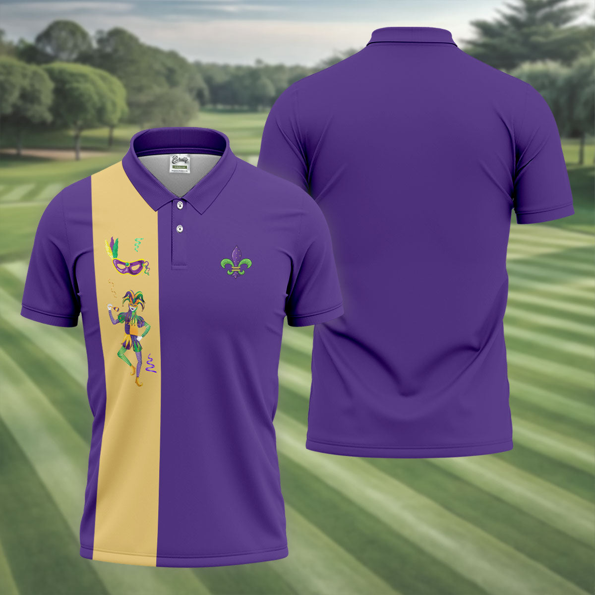 Mardi Gras Festival Jester Figure Fleur De Lis Symbol Purple Golf Shirt, Polo ShirtFor Men, Golf Shirts For Men