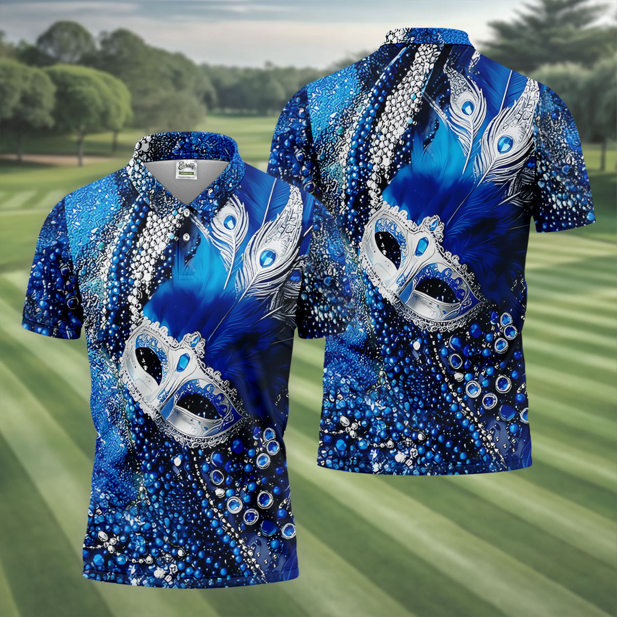 Mardi Gras Masquerade Mask Feather Beads Blue Golf Shirt, Polo ShirtFor Men, Golf Shirts For Men