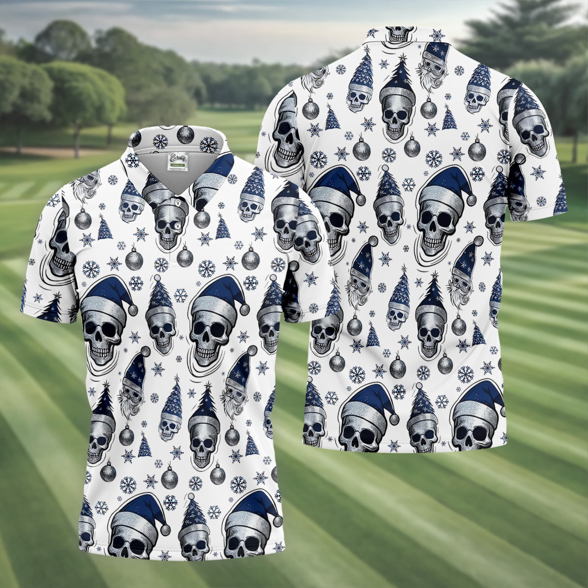 Vintage Skull Christmas Golf Shirt, White Polo Shirt, Cool Golf Gift, Golf Shirts For Men