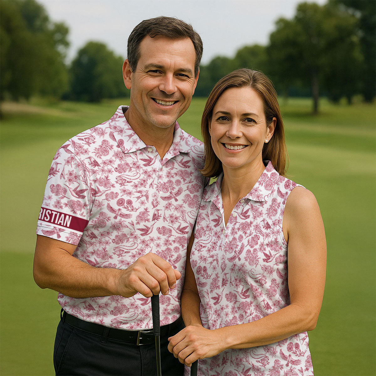 Custom Name Toile de Jouy Birds And Flowers White And Red Polo ShirtFor Men, Golf Gift For Men