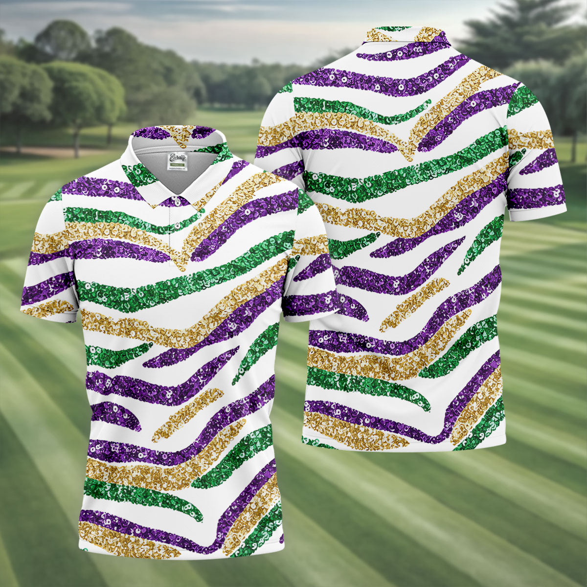 Purple Green Gold Sequin Pattern White Mardi Gras Golf Shirt, Polo ShirtFor Men, Golf Shirts For Men