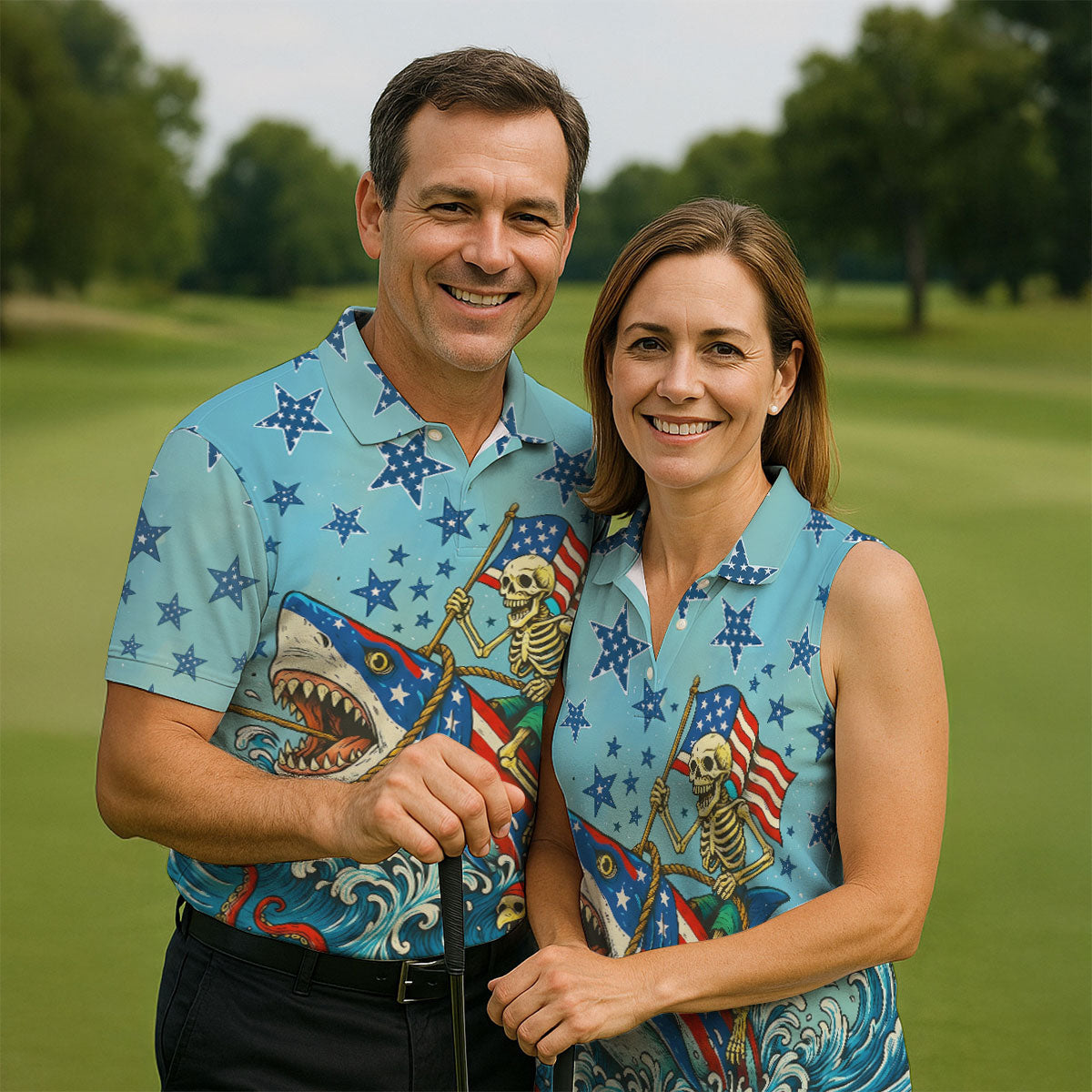 Skeleton Riding Shark Patriotic Golf Shirt, 4th Of July Golf Shirt, 250 Years Polo Shirtor Men