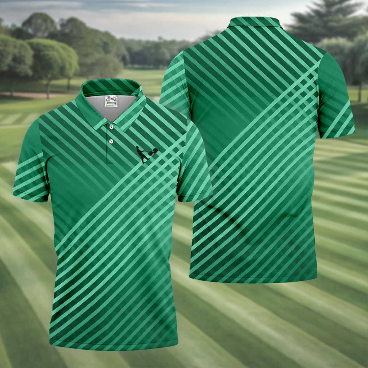 Green And White Striped Pattern Golf Tops For Men, Performance Golf Shirt, Polo Shirt Men