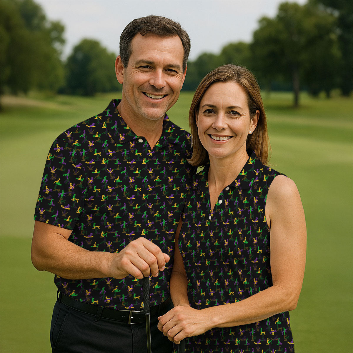 Naughty Position Stick Figure Couple Mardi Gras Black Golf Shirt, Polo ShirtFor Men, Golf Shirts For Men