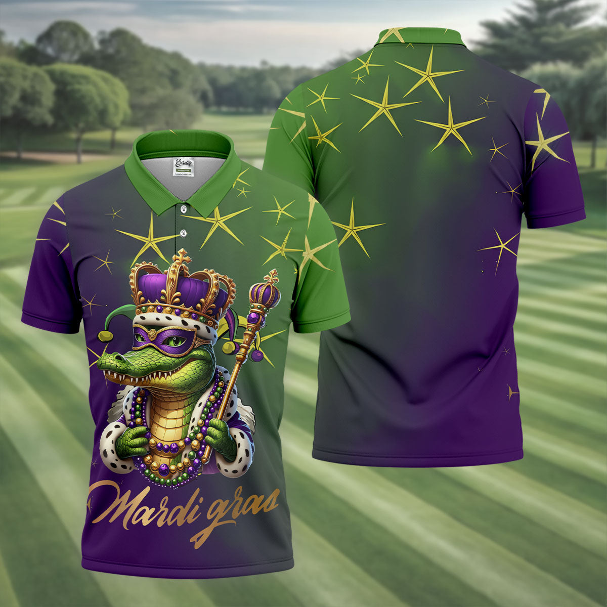 Mardi Gras Aligator Crown Mask Purple Green Gold Golf Tops For Men, Polo ShirtFor Men, Golf Shirts For Men
