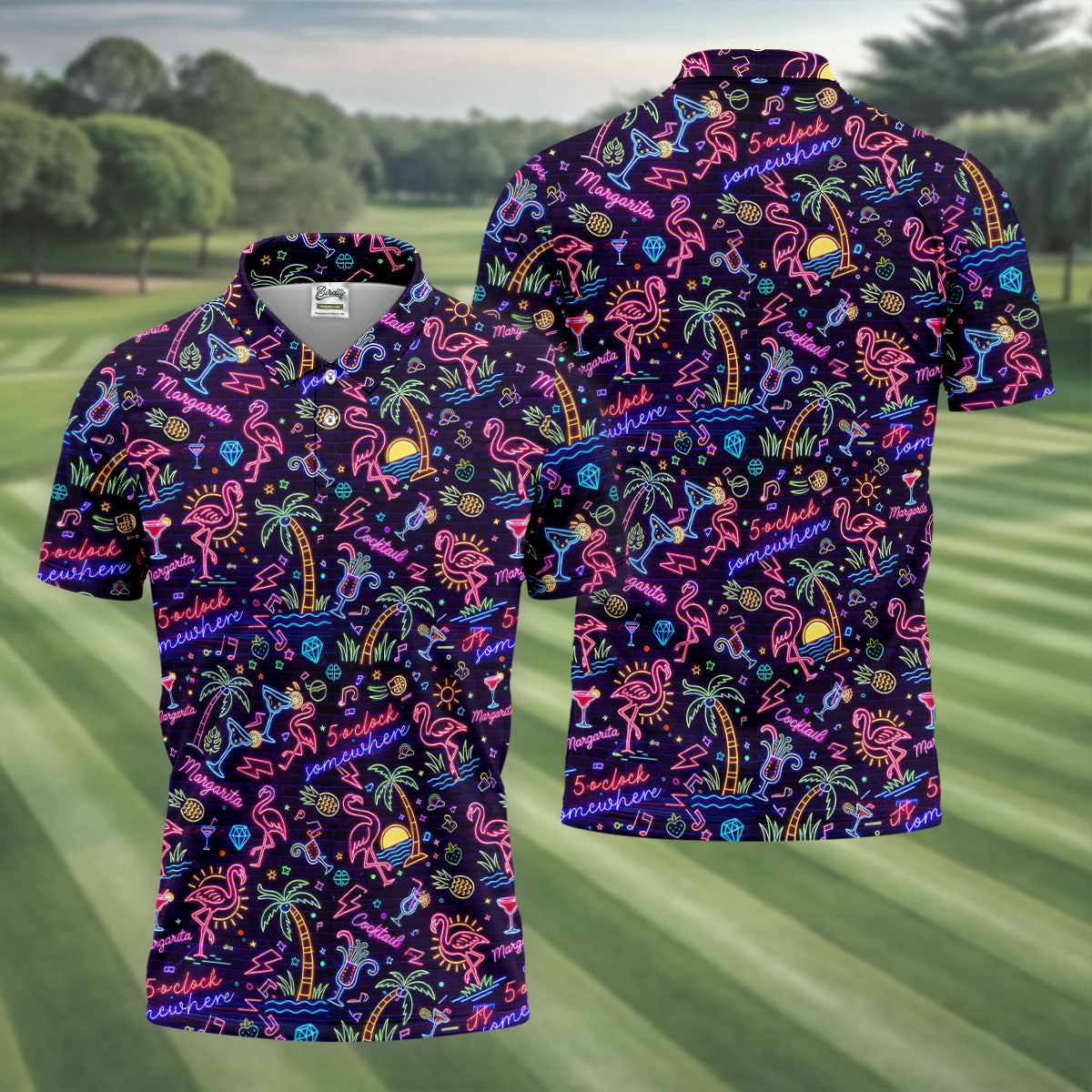 Tropical Theme Neon Pattern Black Golf Shirt, Men's Funny Golf Shirts, Polo ShirtFor Men