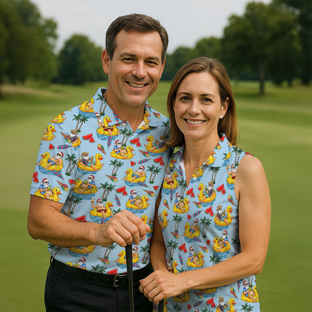 Men's Santa Duck Pool Float Hawaiian Golf Shirt, Christmas Golf Shirt, Golf Apparel For Men
