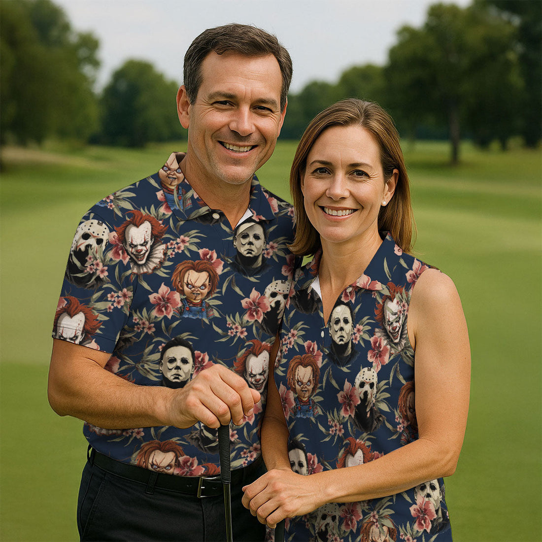 Gothic Floral Clown Doll Mask Hawaiian Polo, Golf Shirt For Men