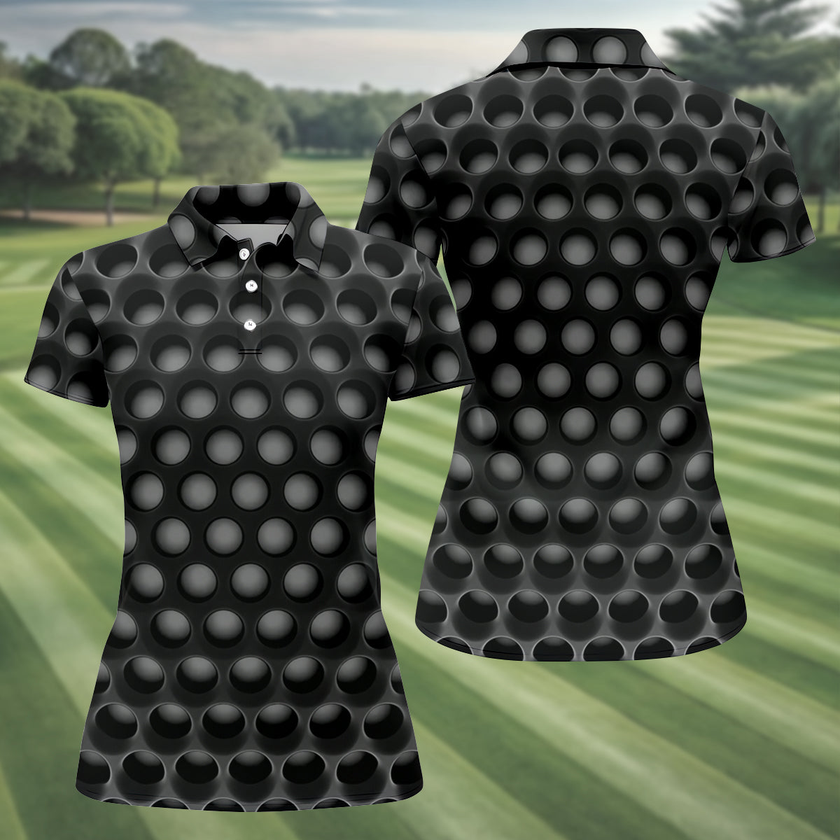 3D Effect Circular Pattern Black Golf Shirt, Cool Golf Outfit, Women Golf Top, Ladies Golf Shirts