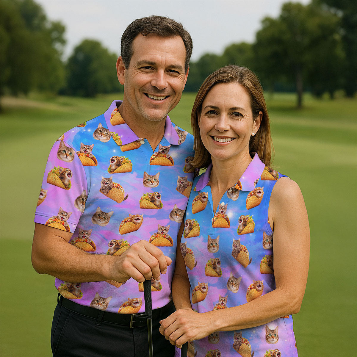 Funny Taco Cat Galaxy Pattern Golf Shirt, Mens Golf Apparel, Polo Shirts For Men