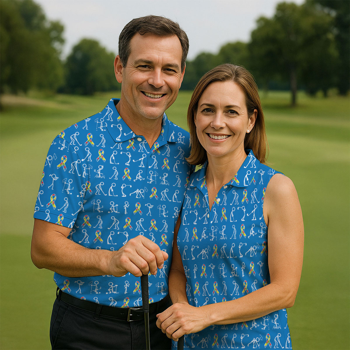 Stick Figure Golf Pose Autism Ribbon Blue Golf Shirt, Autism Awareness Colors Ladies Golf Polos