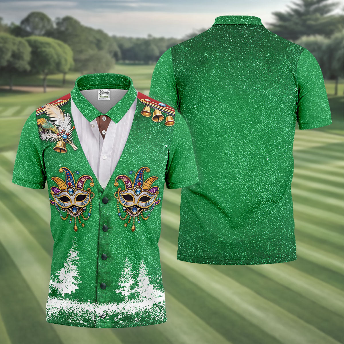 Masquerade Mask Feather Mardi Gras Glitter Print Green Golf Shirt, Polo ShirtFor Men, Golf Shirts For Men