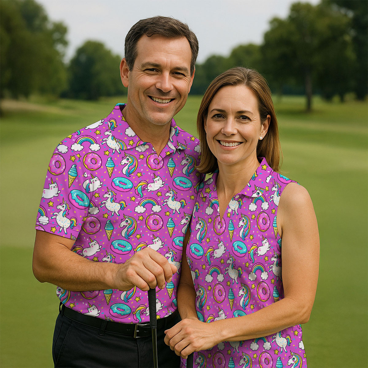 Funny Pink Donut Unicorn Mens Golf Shirts, Polo ShirtFor Men, Cute Golf Outfit, Golfing Apparel