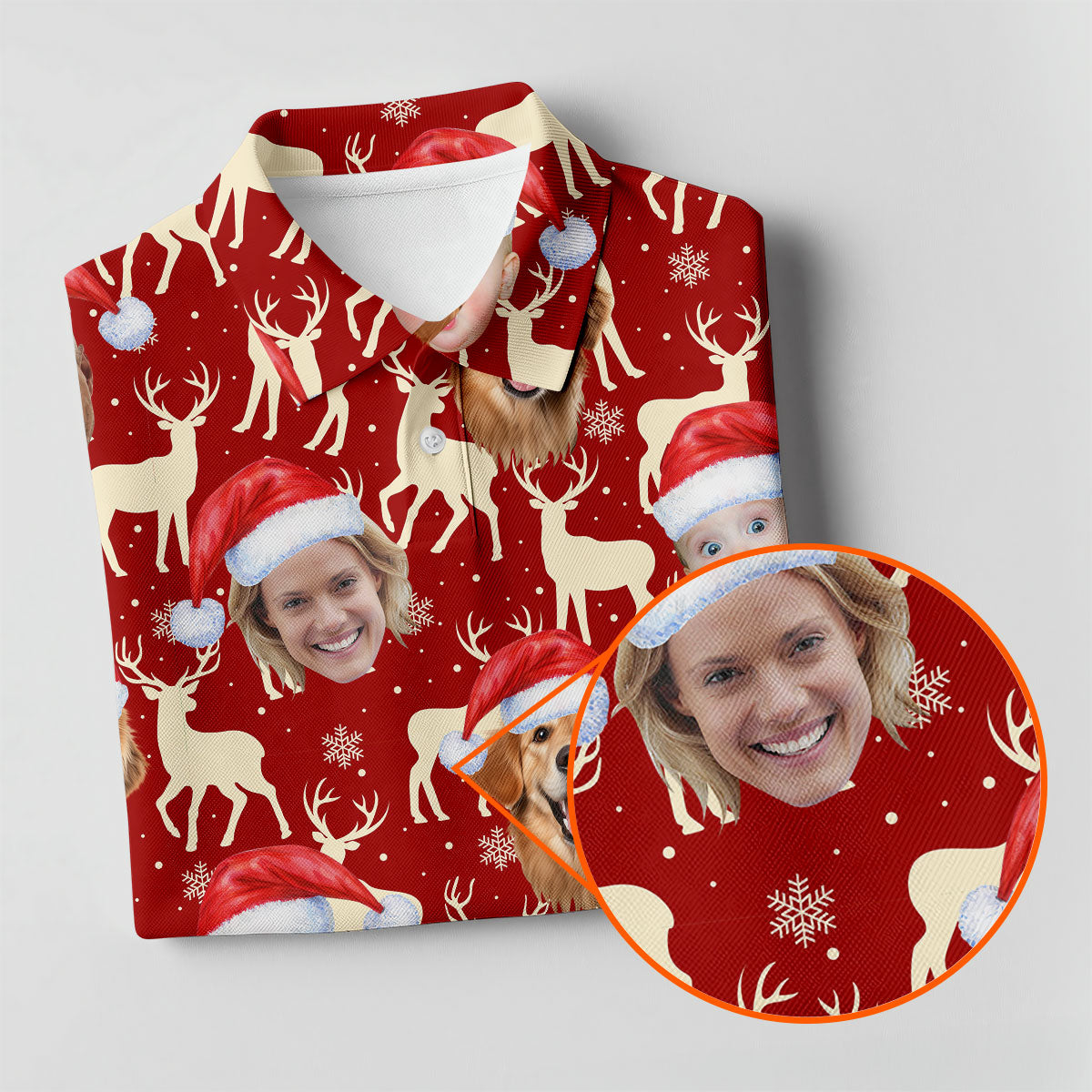 Custom Face Reindeer Pattern Beige And Red Christmas Golf Shirt, Ladies Golf Shirts, Golf Gifts For Women