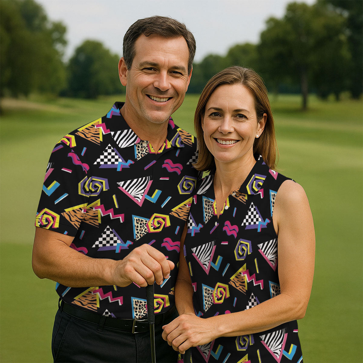 Abstract Geometric Leopard Zebra Animal Stripes 80s 90s Style Golf Tops For Men, Golf Shirts For Men