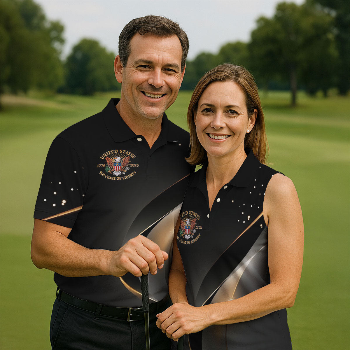 US 250 Years Of Liberty American Flag And Bald Eagle Black Golf Shirt, Patriotic 4th Of July Golf Shirts For Men