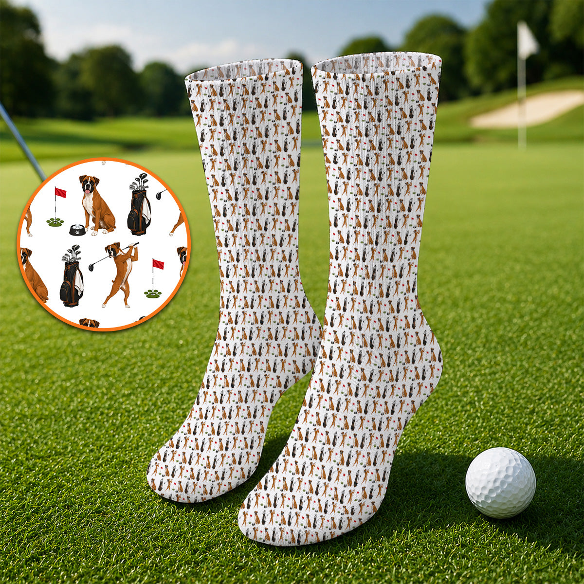Crazy Boxer Golf Socks, Boxer Golf Pattern Sock for Golfer, Dog Lover Golf Gift