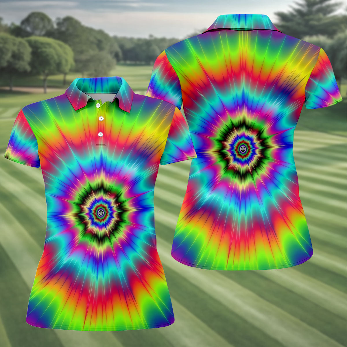 Rainbow Tie Dye Golf Shirt, Psychedelic Spiral Burst Pattern, Golf Shirt For Women