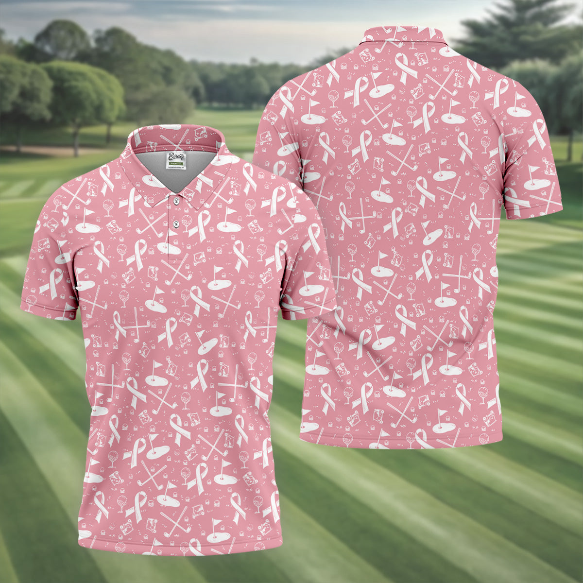 Awareness Ribbon Light Pink And White Golf Shirt, Cancer Awareness Shirt, Polo ShirtFor Men