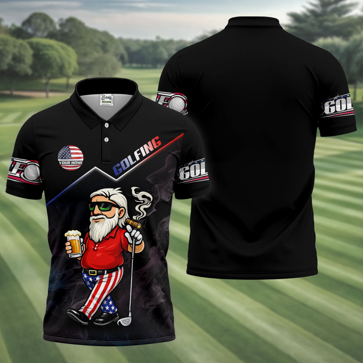 Patriotic Man Golf And Beer Custom Name Funny 4th Of July Golf Shirt, 250th Anniversary Golf Shirts For Men