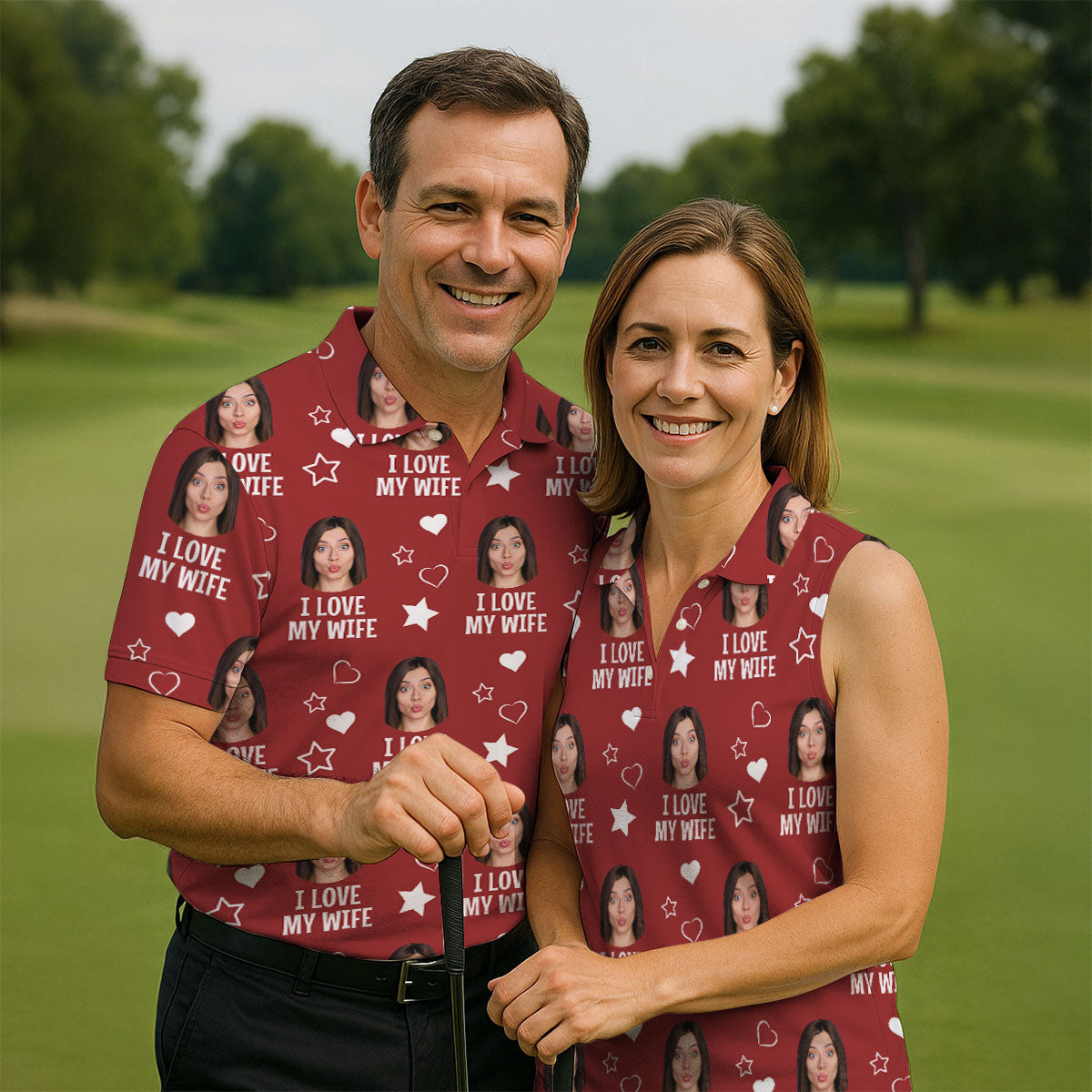 I Love My Husband Custom Face Red Golf Shirt, Fun Women's Golf Shirts, Valentines Golf Gift, Ladies Golf Shirts