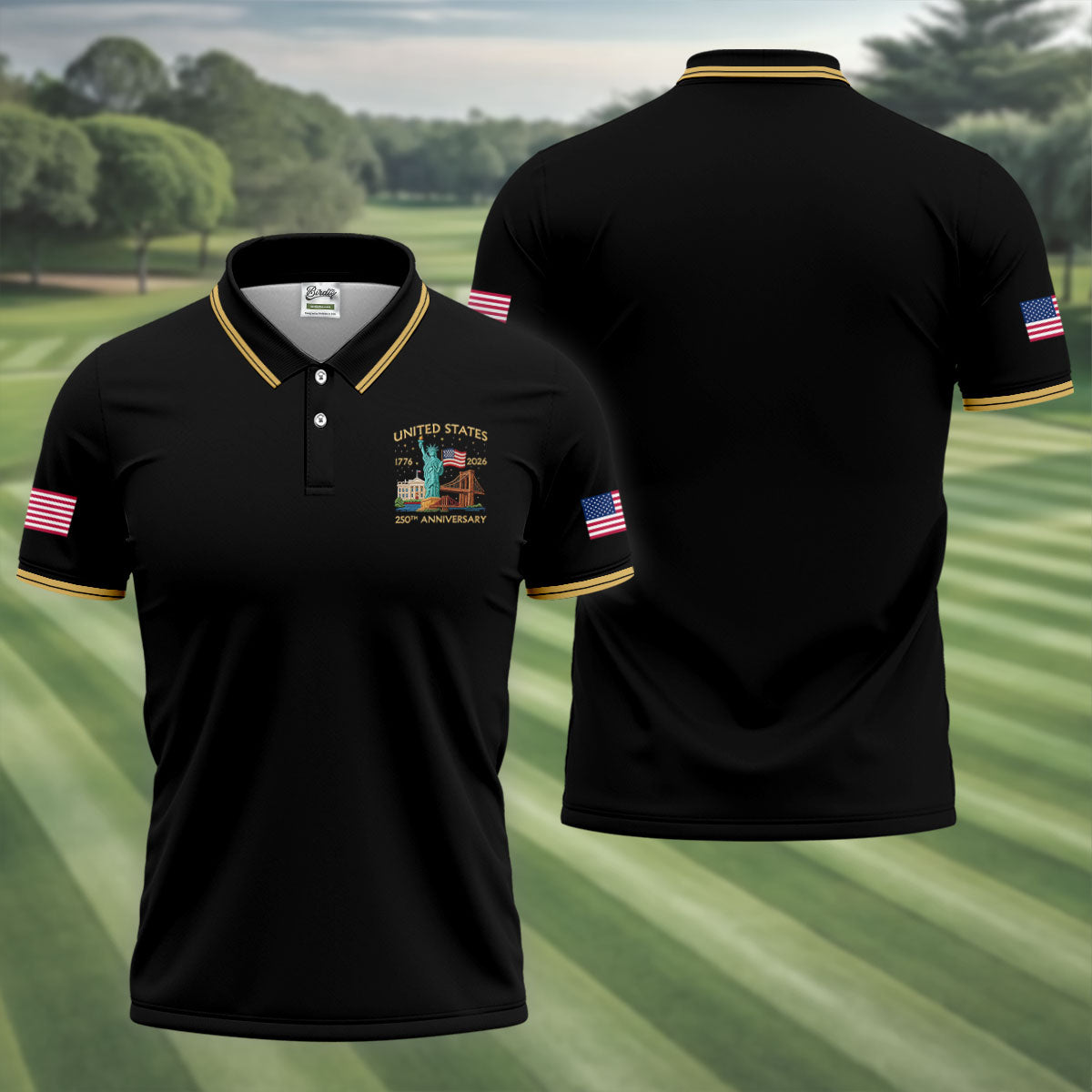 American Symbols Black Patriotic Golf Shirt, US 250 Years 4th Of July Golf Shirts For Men