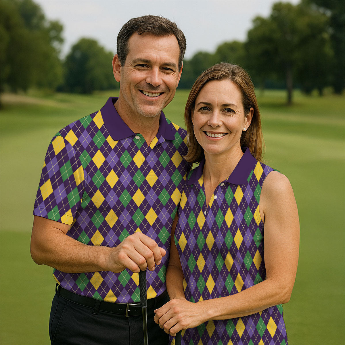 Green Purple Gold Argyle Pattern Mardi Gras Golf Shirt, Polo Shirt Men, Golf Shirts For Men