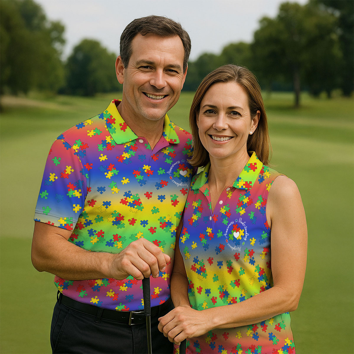 Acceptance Awareness Understanding Autism Puzzle Rainbow Gradient Women's Golf Shirts, Ladies Golf Polos