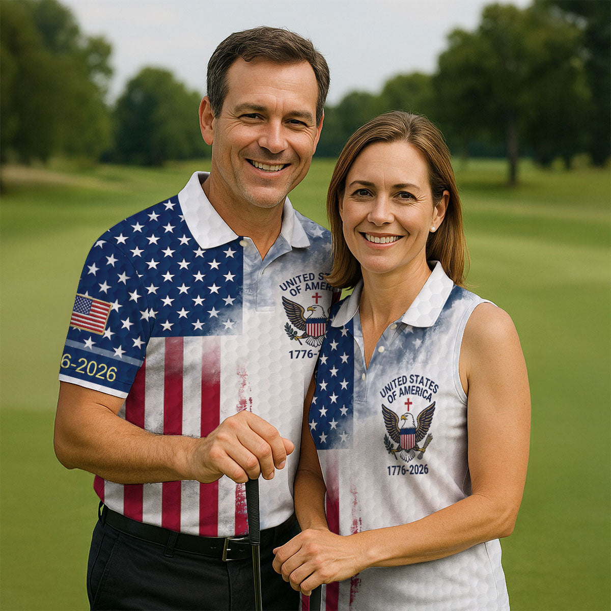 USA Flag Pattern 1776-2026 Distressed Vintage Golf Shirt, 250th Anniversary 4th Of July Golf Shirts For Men