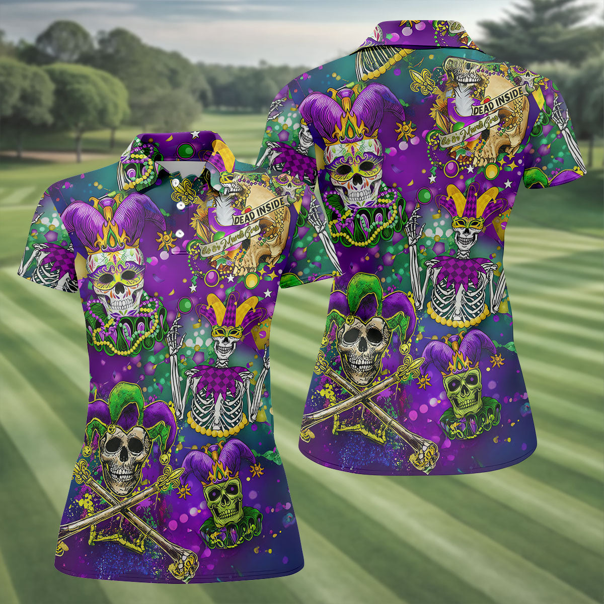 Dead Inside Mardi Gras Festival Skull Purple Green Gold Women's Golf Tops, Ladies Golf Polos