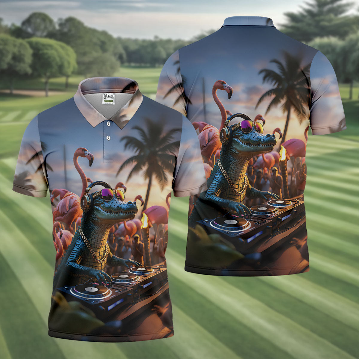 Funny Crocodile DJ Mardi Gras Festival Flamingo Golf Shirt, Polo ShirtFor Men, Golf Shirts For Men