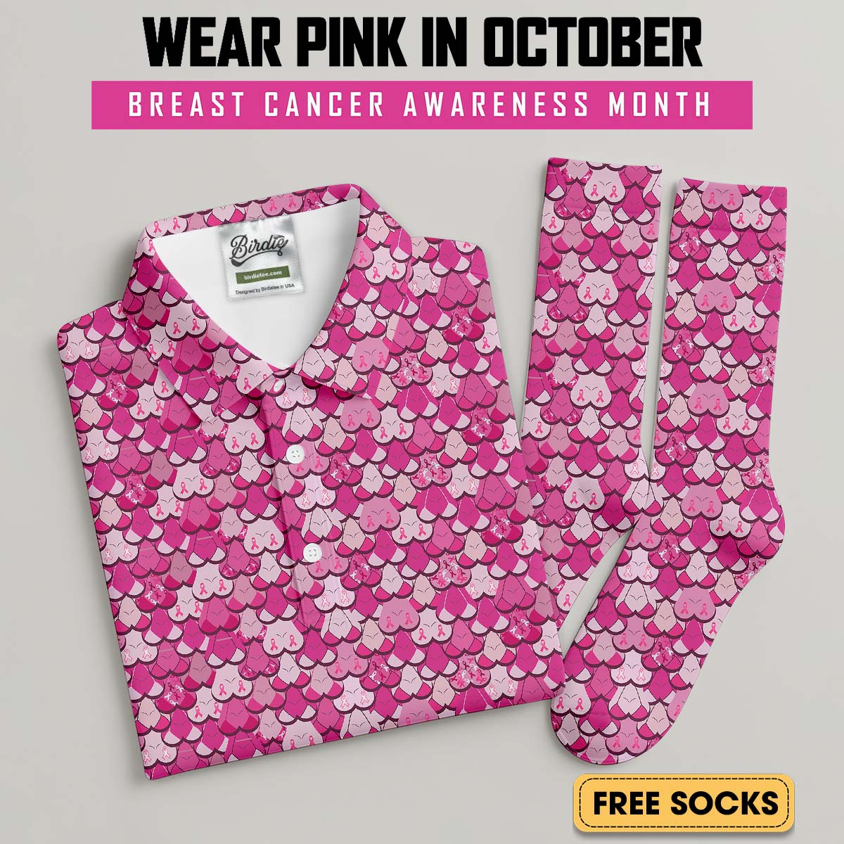 Pink Breast Cancer Men's Golf Shirt With Socks Free, Breast Cancer Awareness Gift