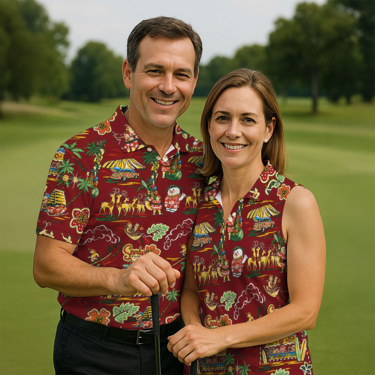 Men's Tropical Santa Surf Shack Golf Shirt, Christmas Golf Shirt, Golf Apparel For Men