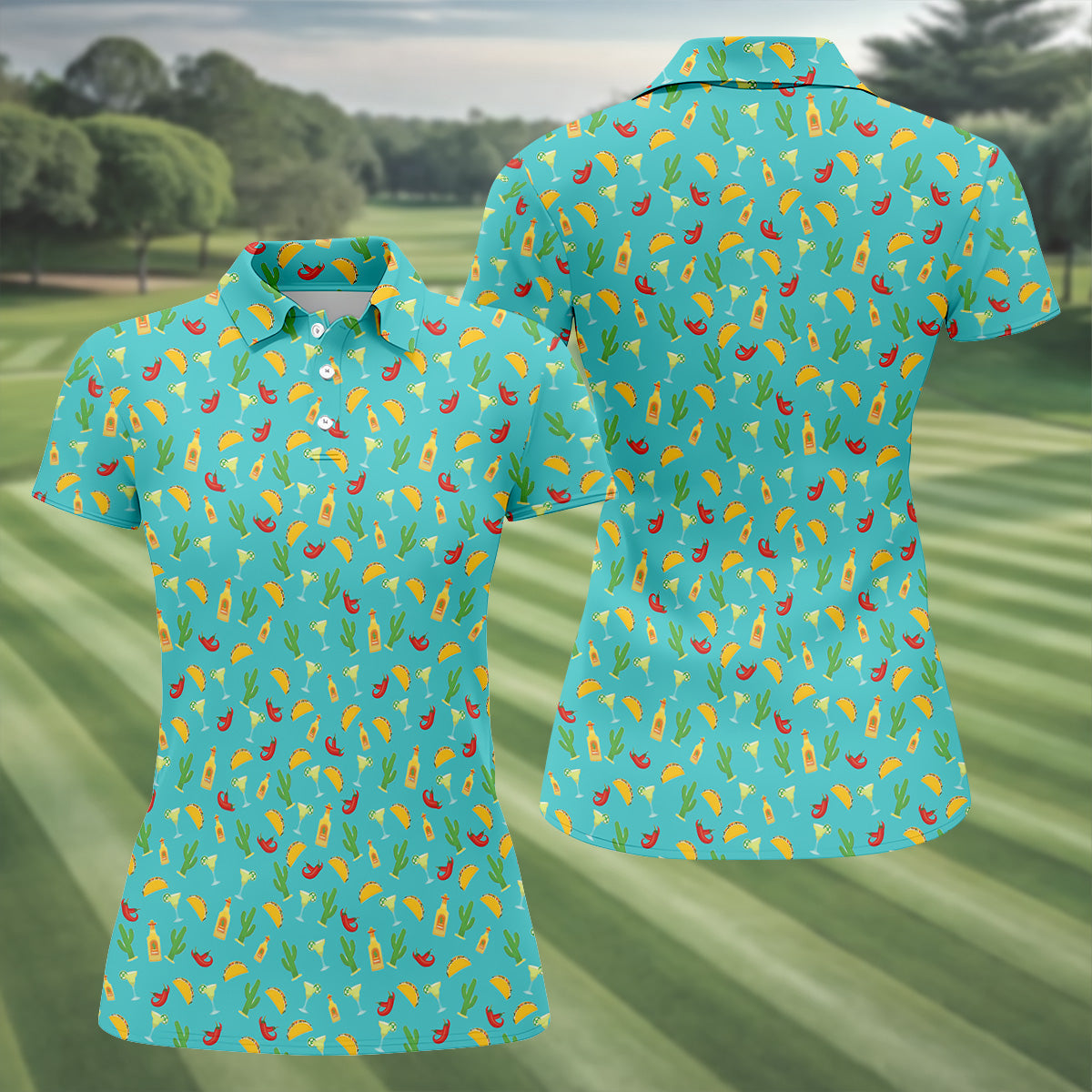 Tropical Vibe Hawaiian Pattern Turquoise Golf Shirt, Women's Golf Tops, Golf Gift For Ladies