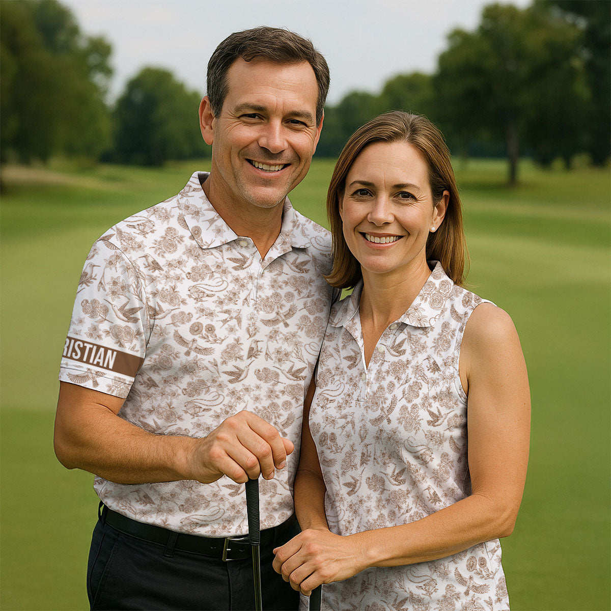 Custom Name Toile de Jouy Birds And Flowers Brown Golf Shirt, Polo ShirtFor Men, Golf Gift For Men