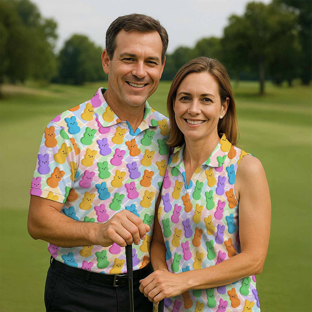 Pastel Easter Peeps Colorful Checkered Golf Shirts For Men, Cute Golf Outfit, Polo ShirtFor Men