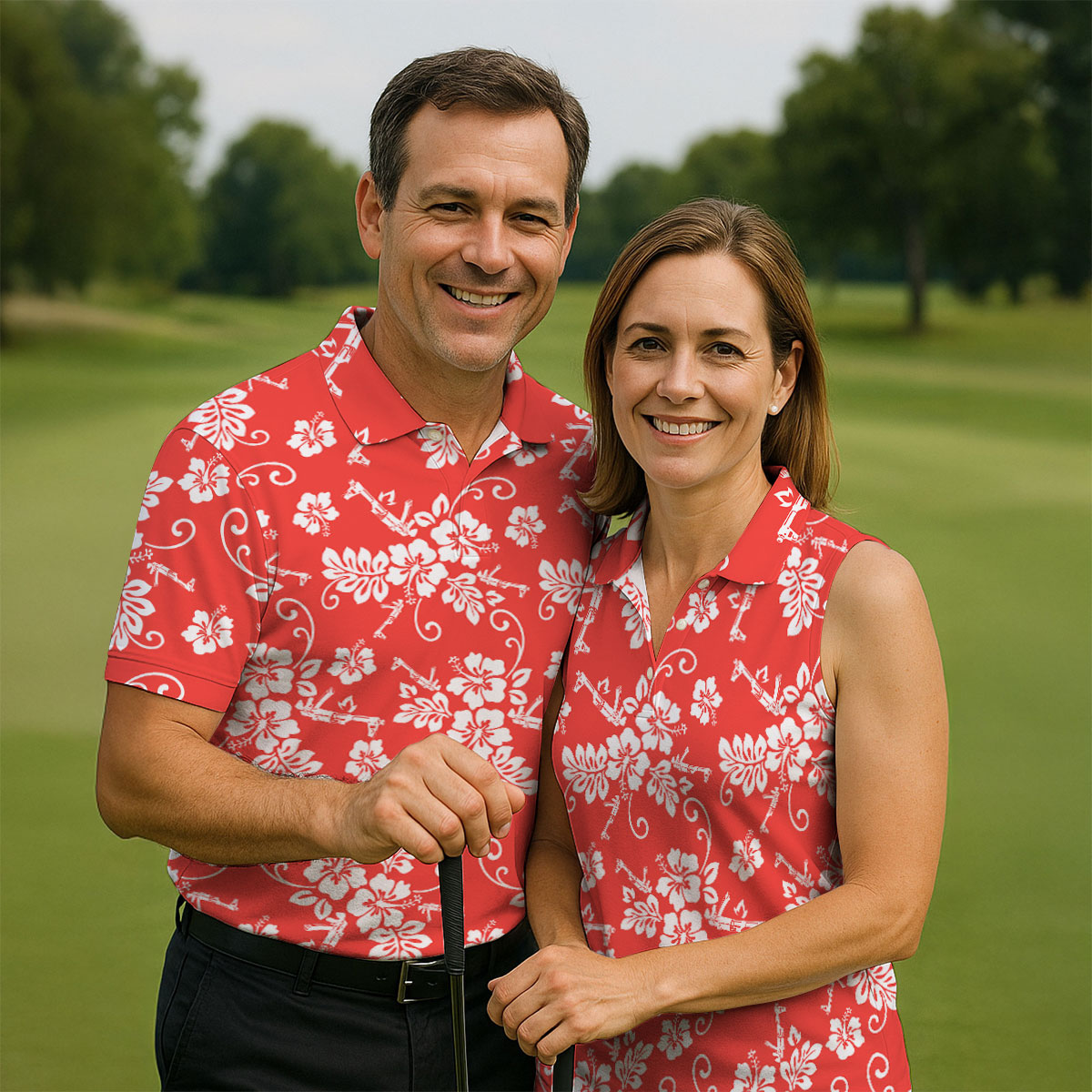 Tropical Flower Red Golf Shirt, Hawaiian Golf Shirt, Polo Shirtor Men, Golf Shirts For Men