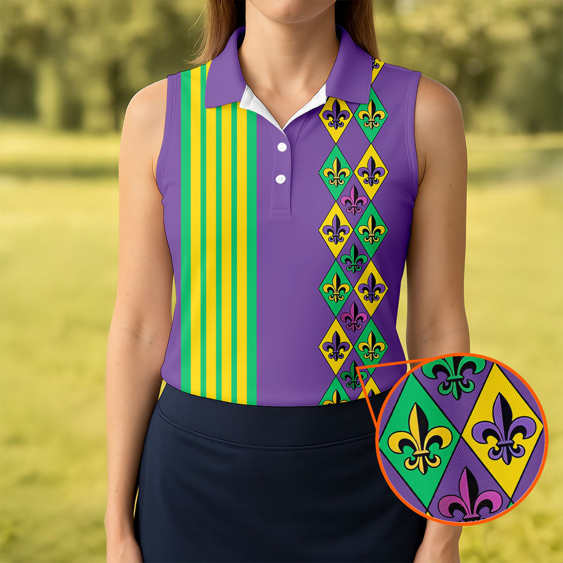 Fleur De Lis Argyle Pattern Purple Green Gold Stripes Women's Golf Shirts, Ladies Golf Polos, Golf Shirt For Women