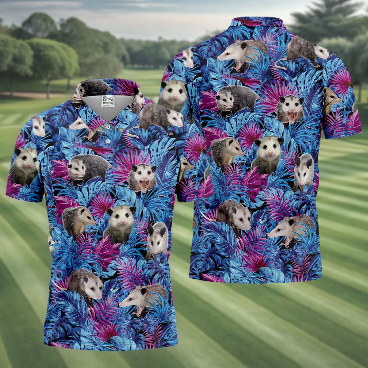 Funny Opossum Blue Purple Hawaiian Golf Shirt, Tropical Theme Golf Shirts For Men